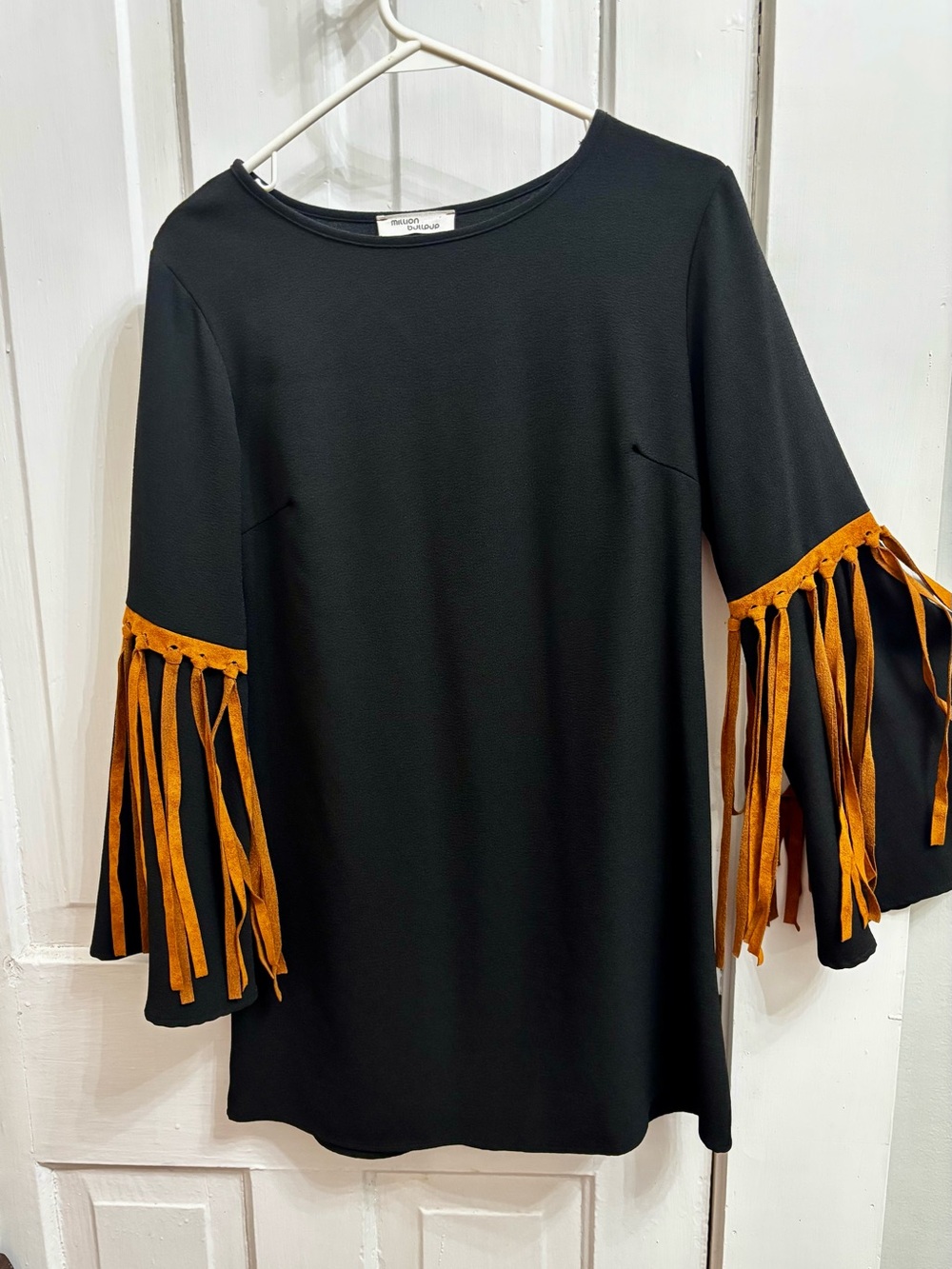 Black Long-Sleeve Fringe-Trim Dress with Tan Accents